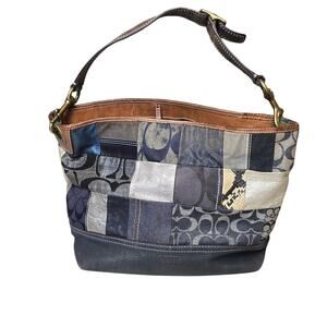 Coach Vtg Y2K Denim Patchwork Whiskey Leather Trim Shoulder Tote Bag 10003